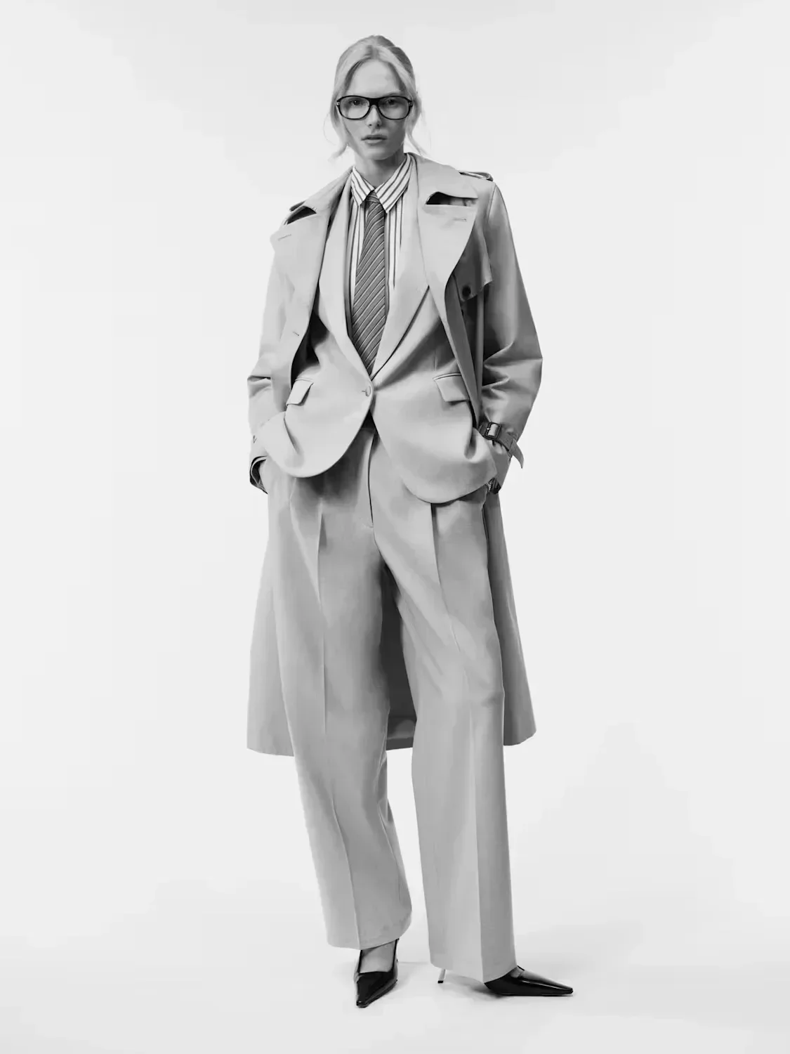 Alex Consani in full-length Big Boss studio tailoring