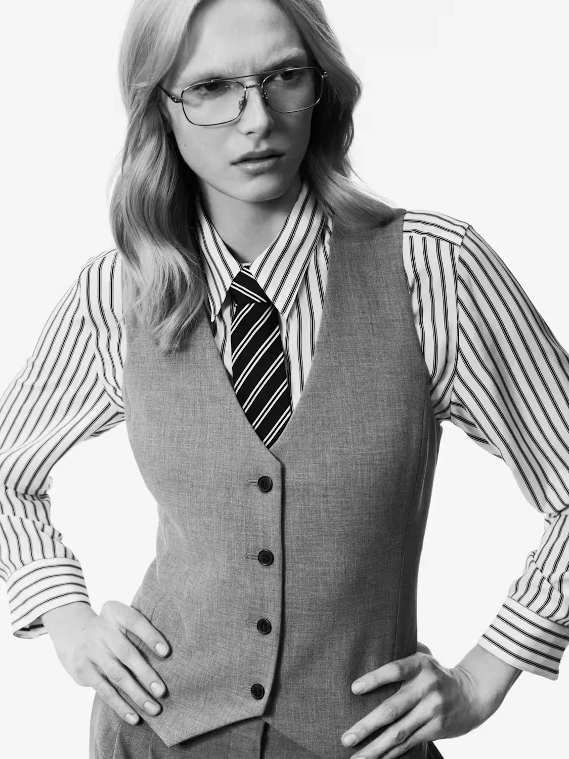Alex Consani in the Deniro Vest and striped shirting