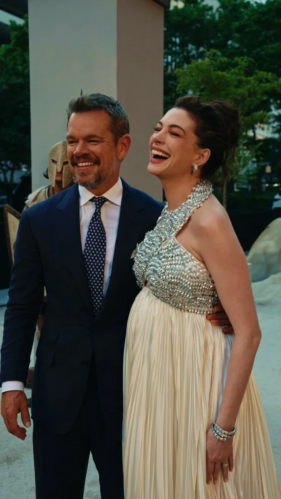 Anne Hathaway sharing a candid laugh with Matt Damon