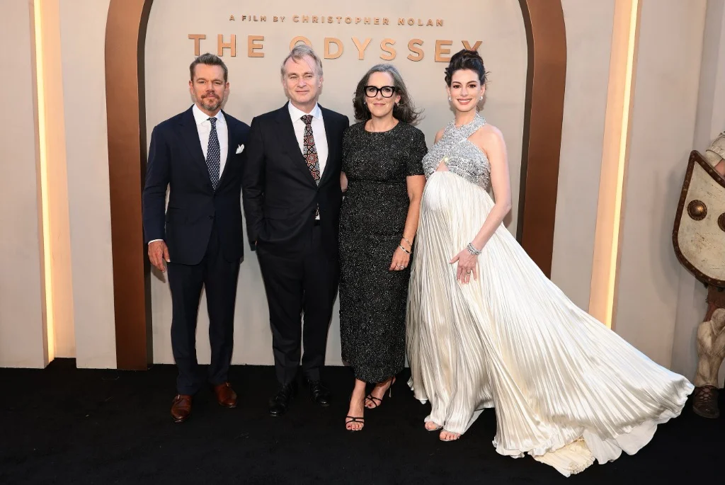 Anne Hathaway with director Christopher Nolan, producer Emma Thomas, and Matt Damon