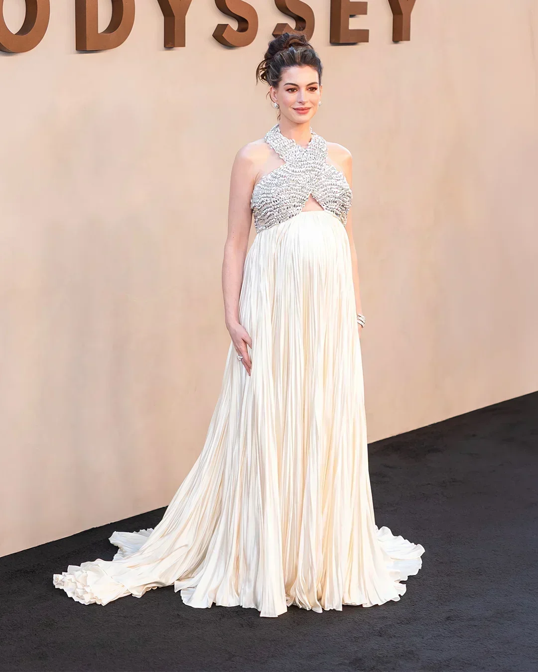 Anne Hathaway Dazzles in Custom Crystal Prada at The Odyssey New York Premiere