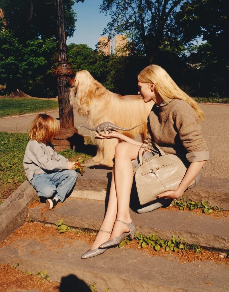 Alex Consani with Dylan the Afghan Hound and Tory Burch Large Romy Bauletto bag