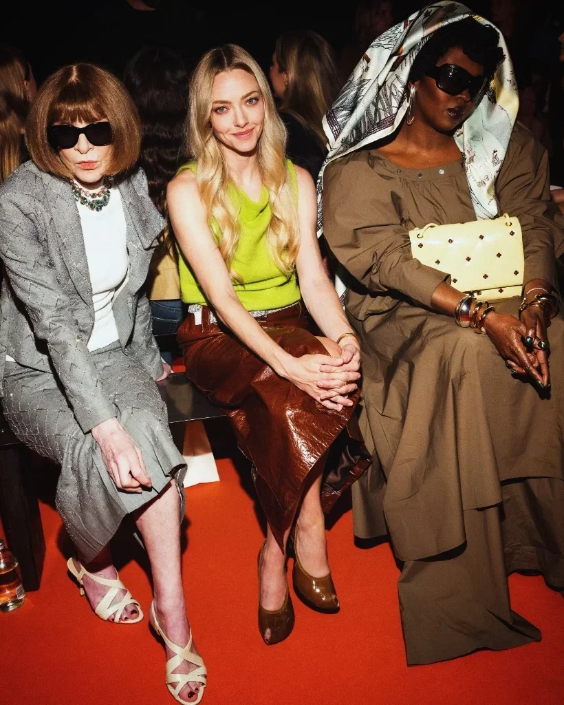 Amanda Seyfried seated front row at the Tory Burch runway show