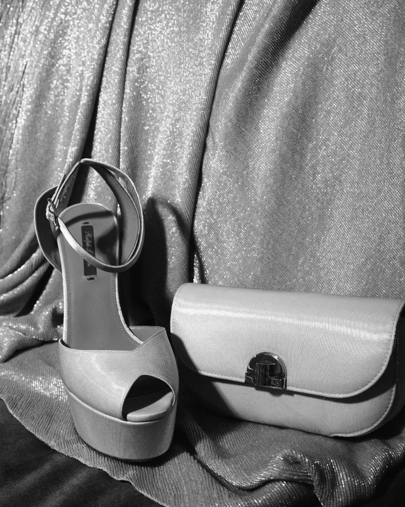 Custom Ralph Lauren satin platform heels and clutch designed for Elle Fanning
