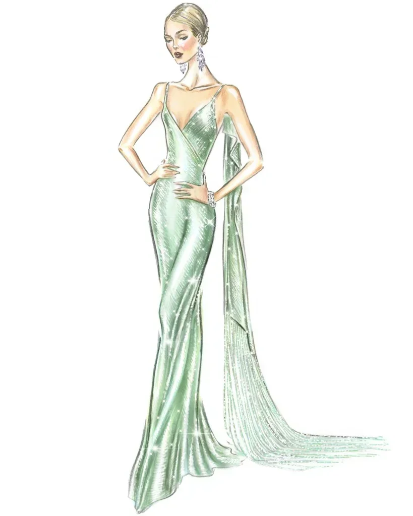 Official design sketch of Elle Fanning's custom Ralph Lauren Collection gown for the 2026 Emmys