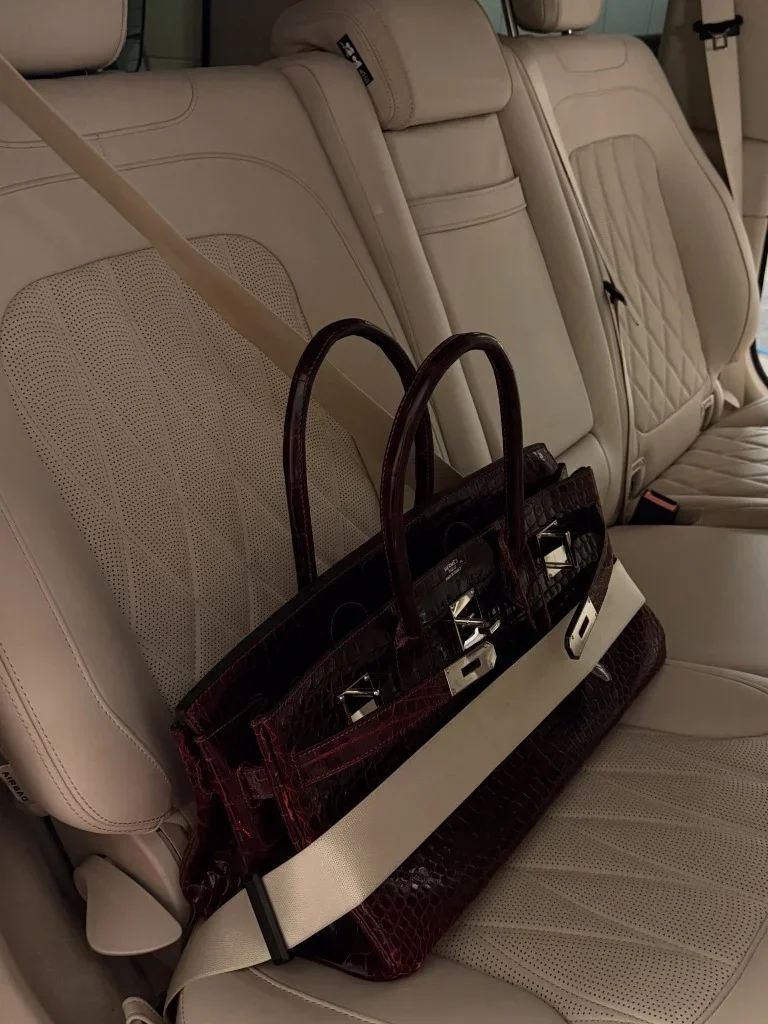 Hermès JPG Shoulder Birkin in crocodile leather strapped in car seat
