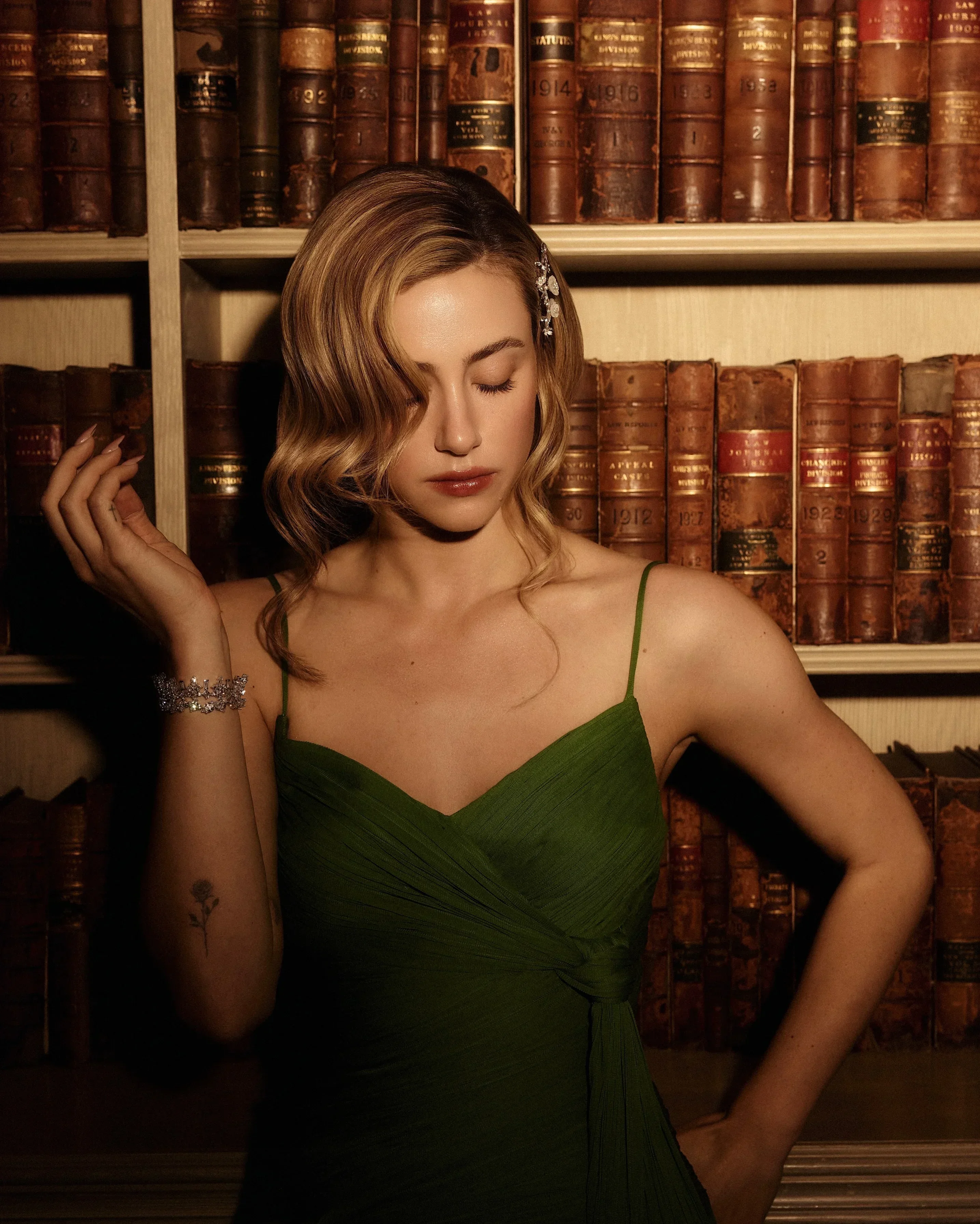 Lili Reinhart full-length in custom Tory Burch green gown