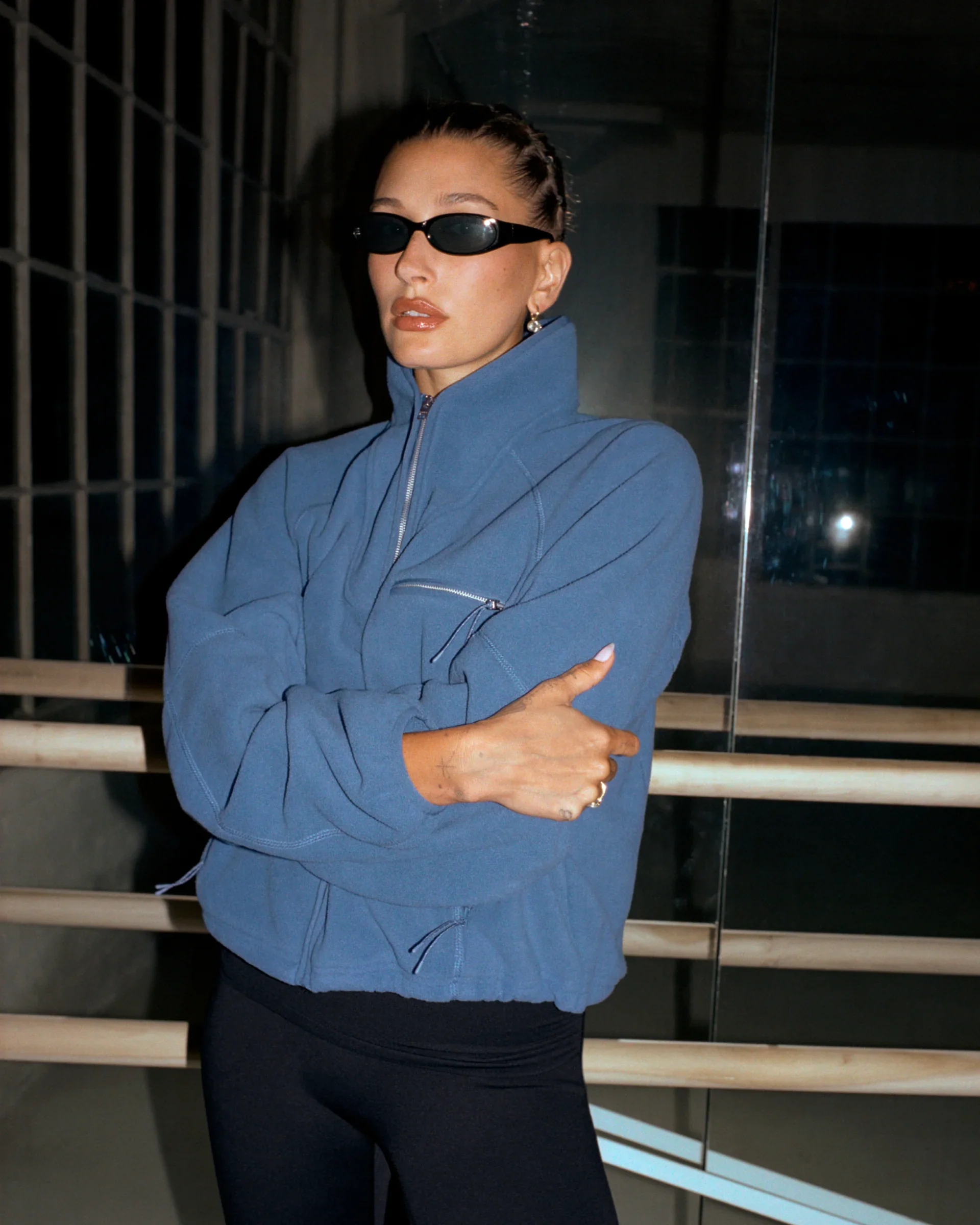 Hailey Bieber in Adanola Funnel Neck Polar Fleece in Denim Blue