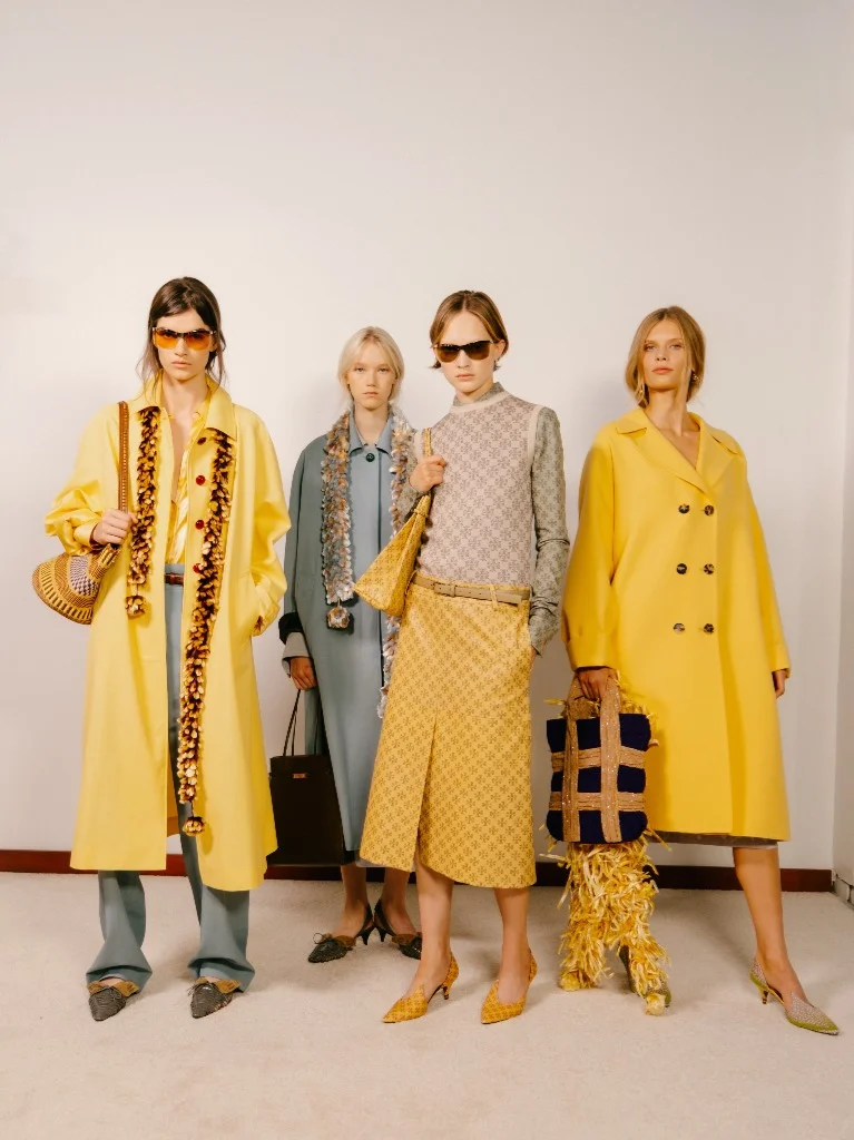 Tory Burch Spring 2027 collection sunglasses, totes, and belt accessories backstage