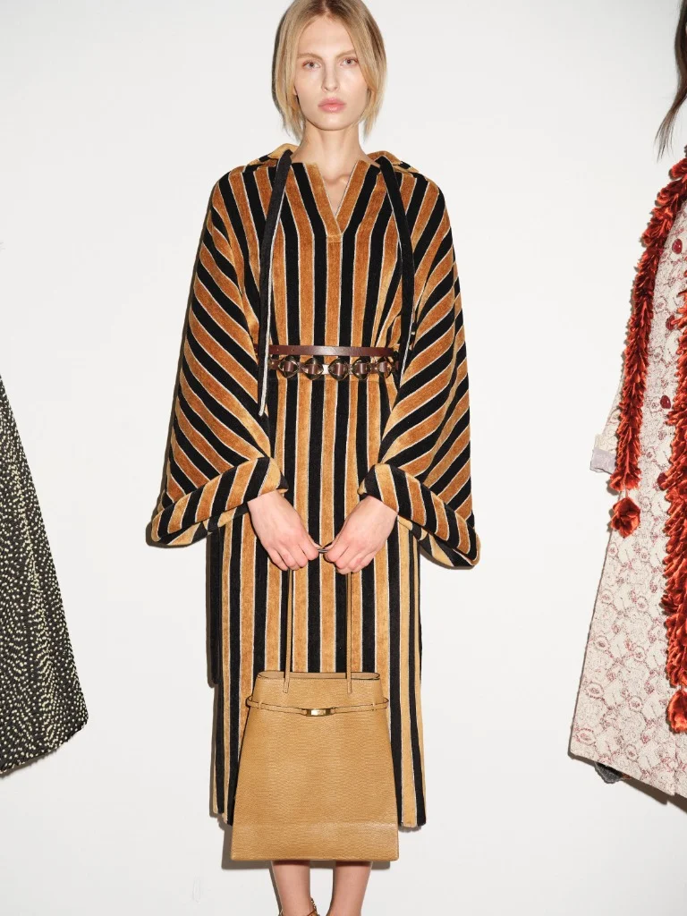 Tory Burch Spring 2027 Lee Radziwill Shopper bag and striped velvet dress