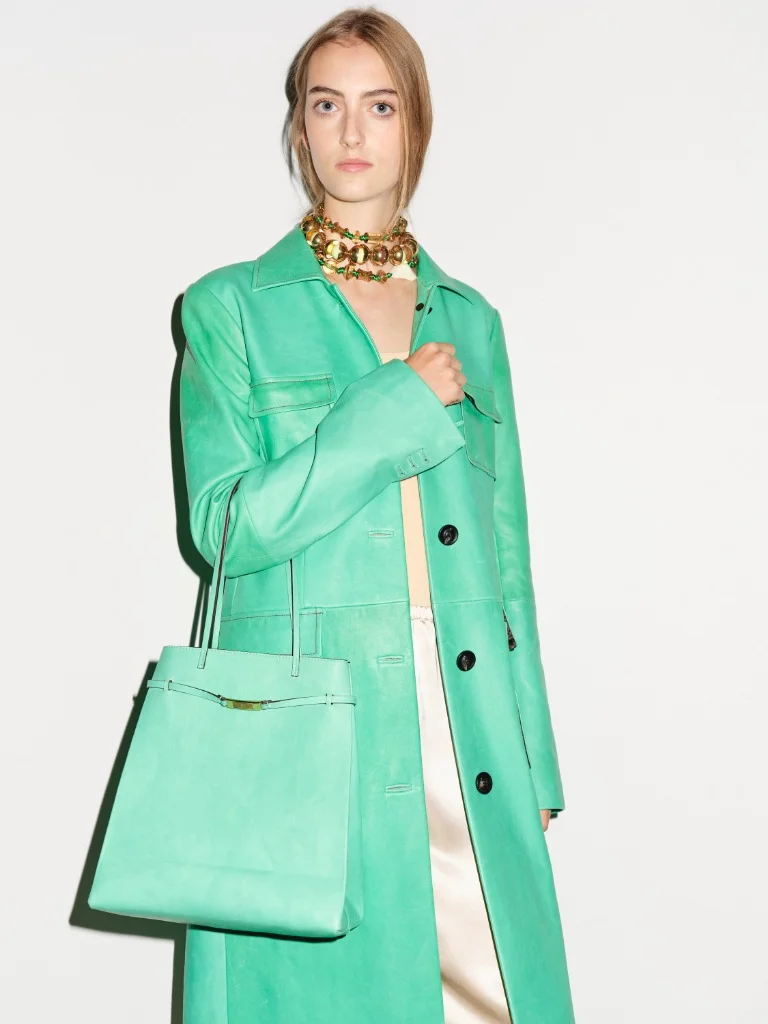 Tory Burch Spring 2027 mint green Lee Radziwill Shopper bag and leather trench coat
