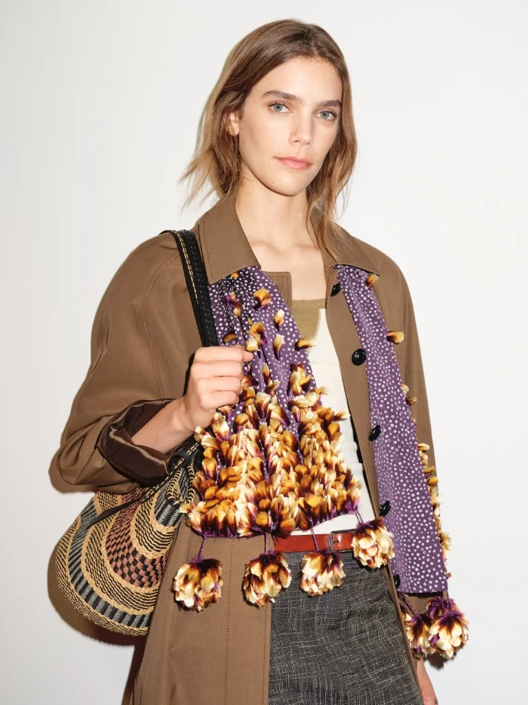 Tory Burch Spring 2027 handwoven tote bag created with Marasim artisans and beaded scarf