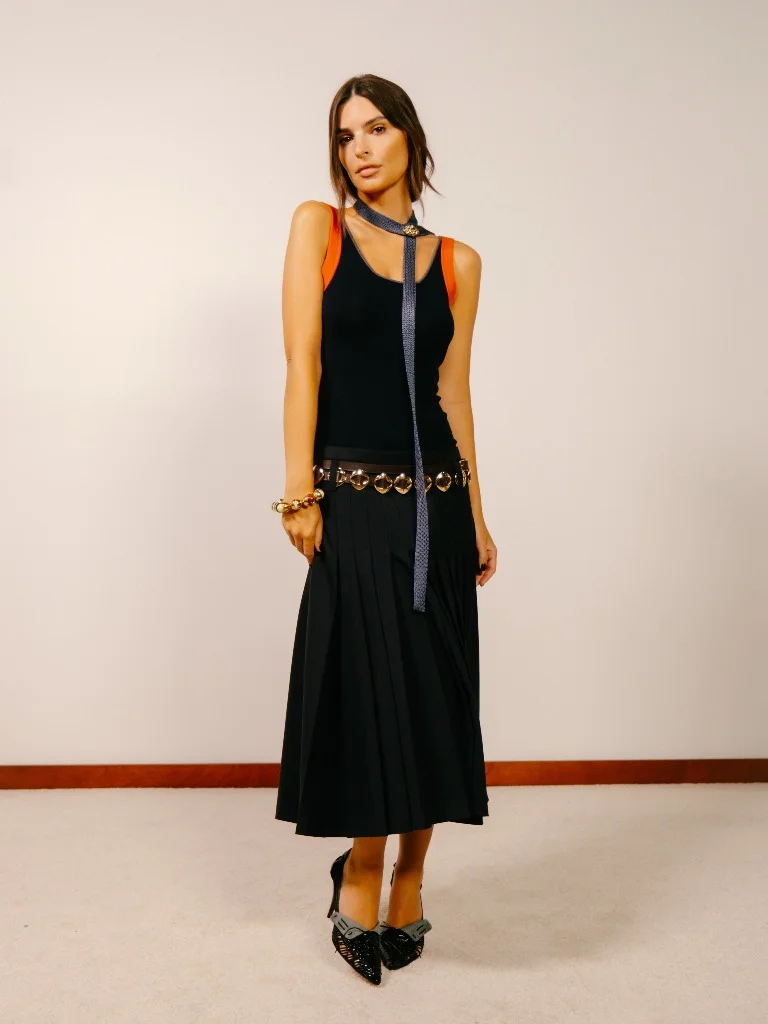 Emily Ratajkowski wearing Tory Burch Spring 2027 backstage at New York Fashion Week